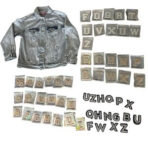 Stony Clover Lane jacket Womens Small Denim + Iron On Patche Lot Varsity Letters